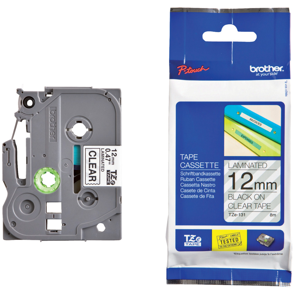 tape cassette, laminated, 12mm, schwarz auf transparent, Kassette
