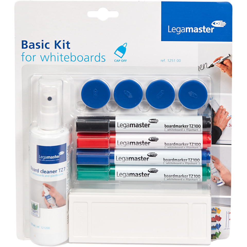 Whiteboard-Kit, Marker blau, Whiteboard-Reiniger, Kappen, Flipchart-Zubehör