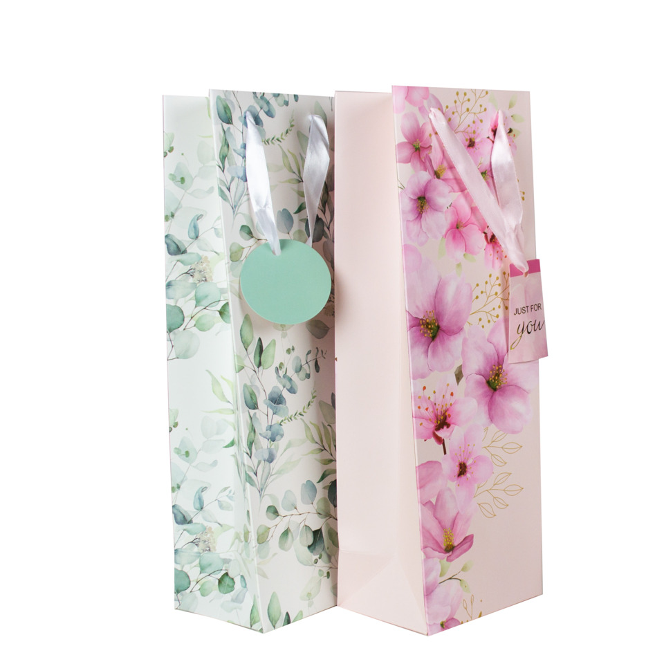 Geschenktüte, Blumendesign, Pastellrosa, Satinband, Blättermuster