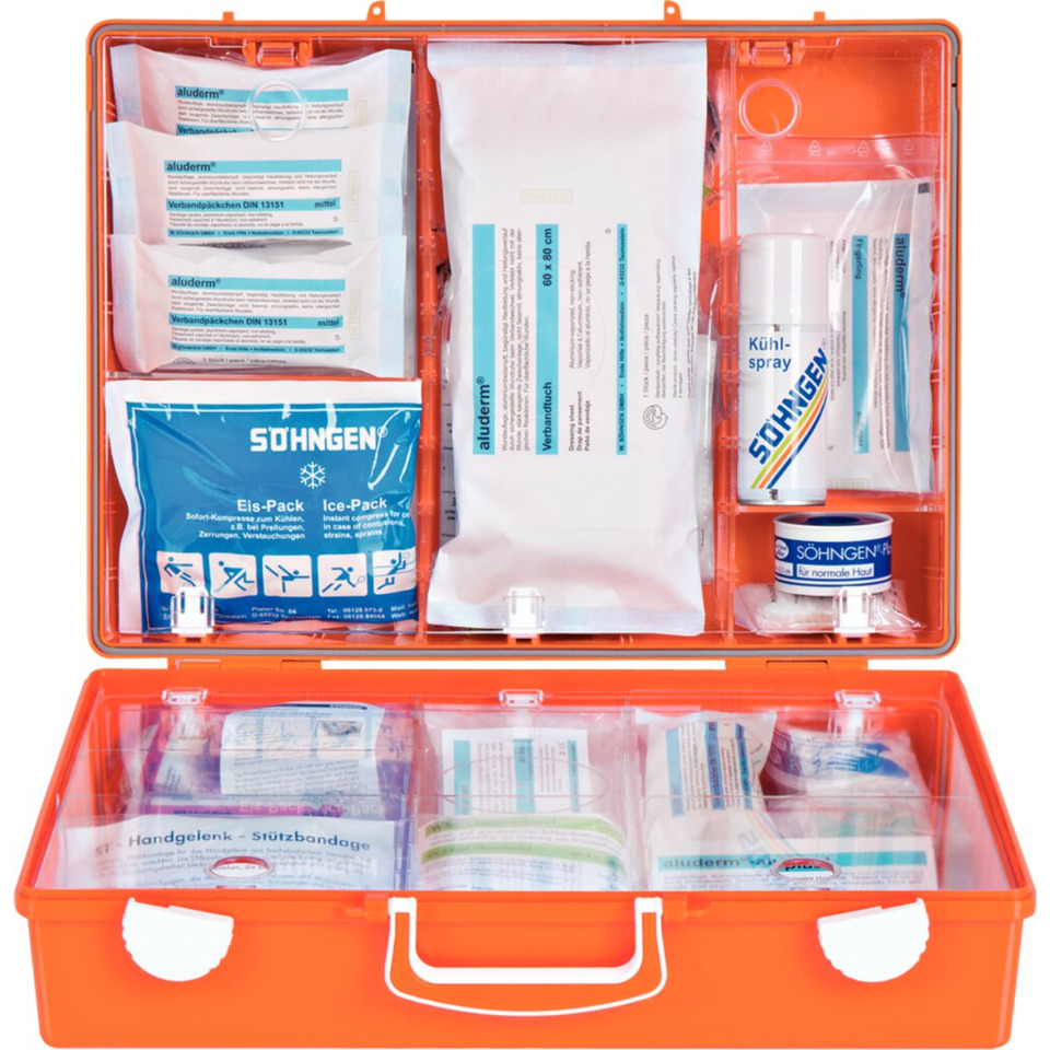 Erste-Hilfe-Set, Medizinischer-Kasten, Notfall-Set, Verbandskasten, Inhaltsverzeichnis-Verband