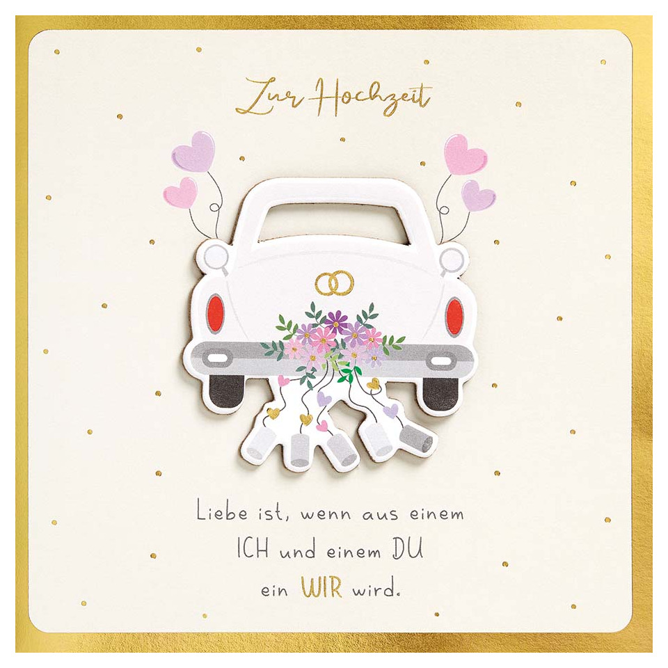 Hochzeitskarte, Auto Karte, Blumenstrauß, Herzballons, goldener Rahmen