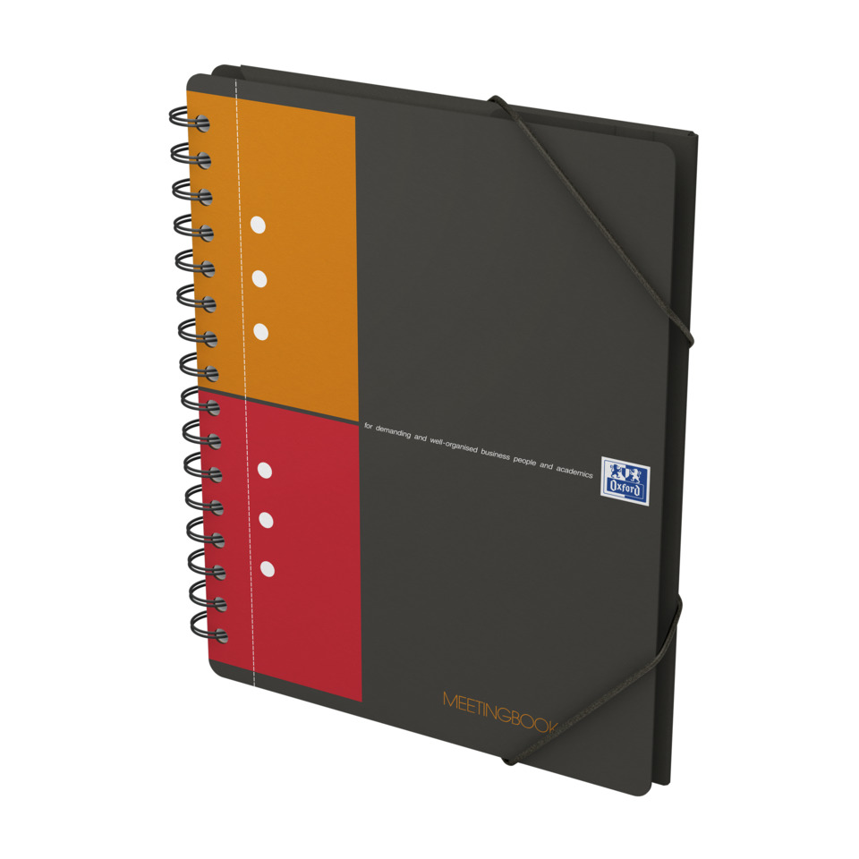 notebook, meeting notebook, spiral binder, orange red blocks, elastic strap