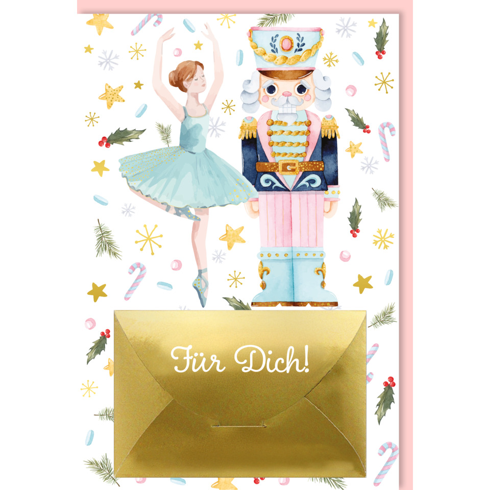 Weihnachtskarte, Nussknacker, Ballerina, Aquarellillustration, Goldumschlag