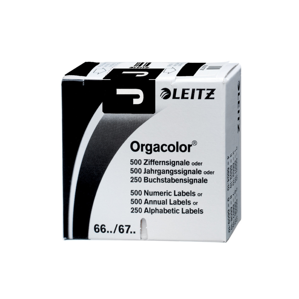 Orgacolor, Klassifizierungsetiketten, Buchstabenetiketten, Numerische Etiketten, Leitz Packung, Orgacolor, Labelbox, Ziffernsignale, Buchstabensignale, Leitz