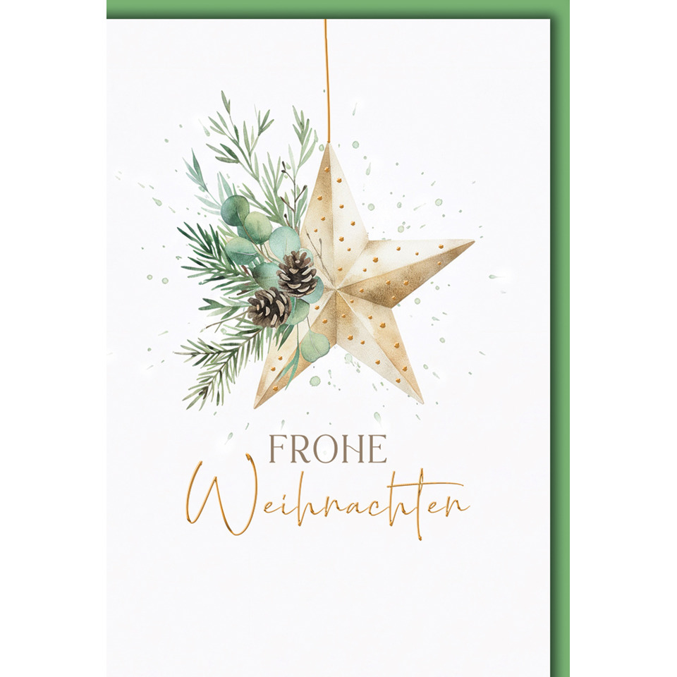 stern, goldene stern, zweige, tannenzapfen, weihnachtskarte