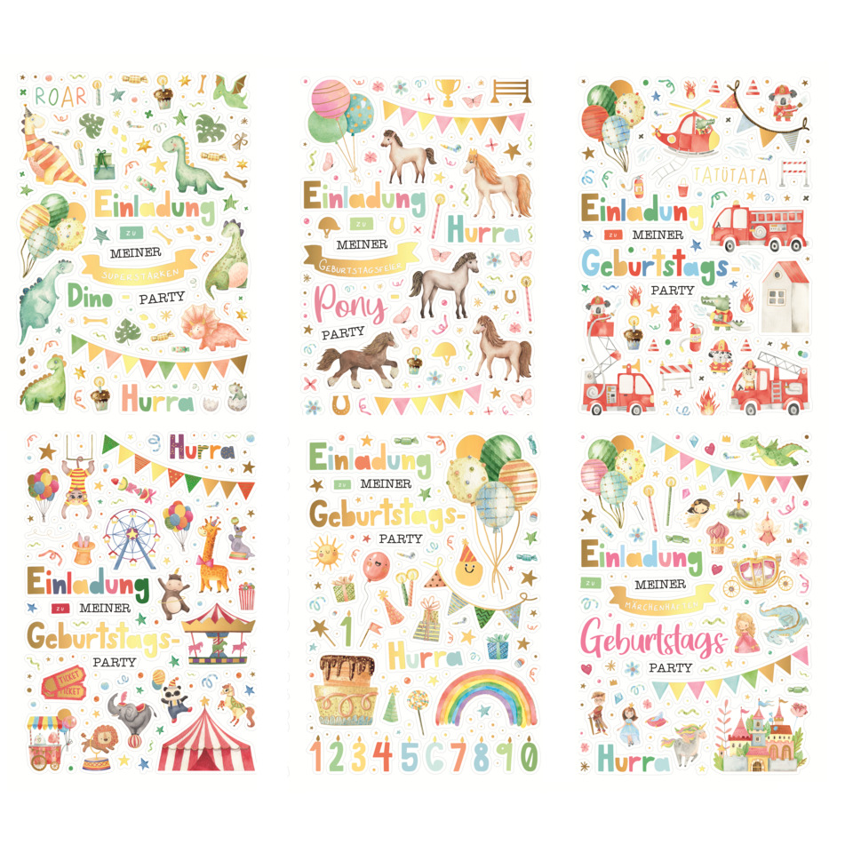 _party einladung, geburtstag, festlich, dinosaurier, einhorn, pferd, ballons, kuchen, regenbogen, karussell, ladenfest, feuerwehr, magisch, kinder, kind, deko, banner, illustrationen