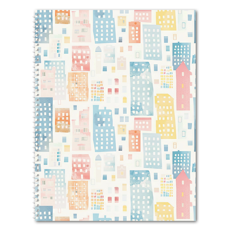notebook, spiral-bound, cityscape, pastel, pattern