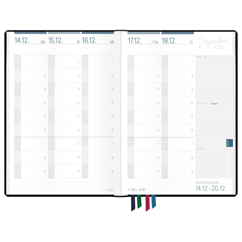 Planer, Kalender, offenes Notizbuch, Wöchentliche Gliederung, bunte Lesezeichen