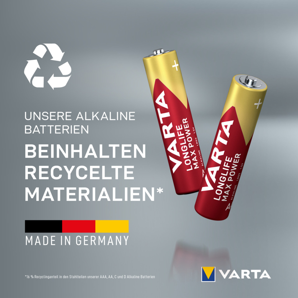 Alkaline batteries, AA baterien, VARTA-Batterie, Recycling, Hergestellt in Deutschland