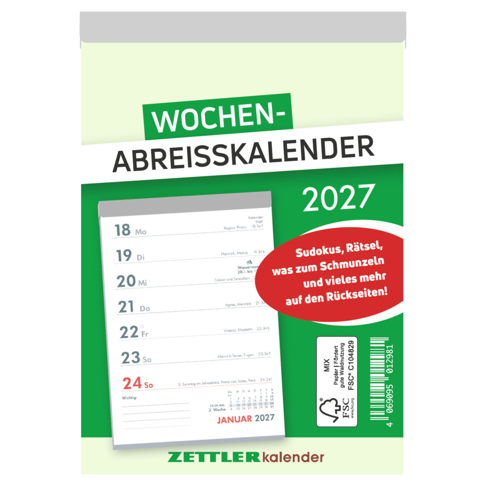 Kalender, Woche, Abreißkalender, 2027, Zettelkalender