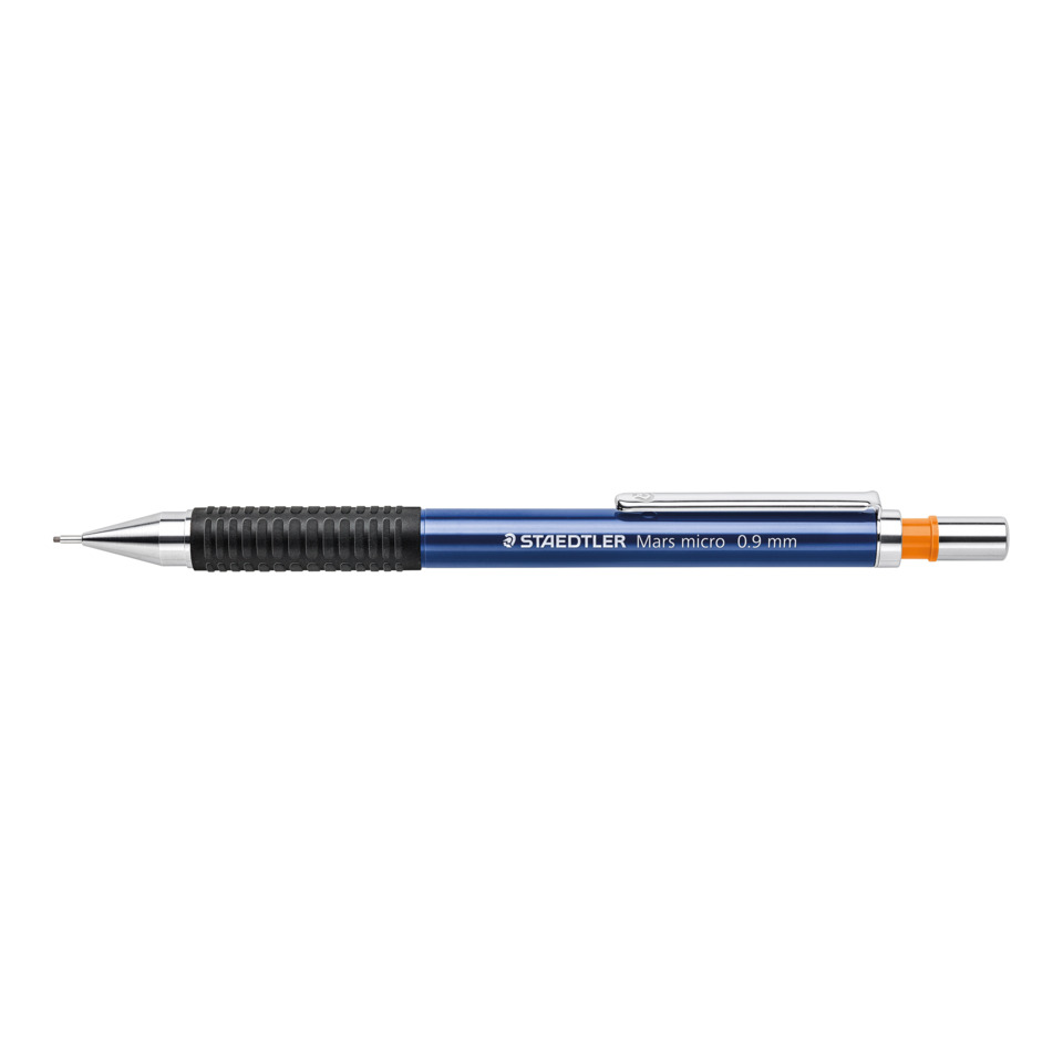Mechanischer Bleistift, 0,9 mm, blauer Körper, Metallclip, Radiergummi sichtbar