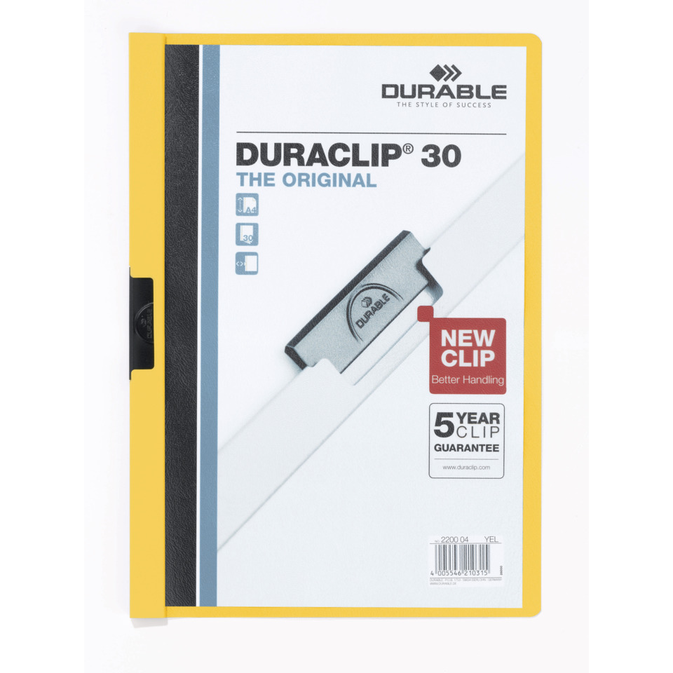 Klemm-Mappe DURACLIP® Original 30, Hartfolie, bis 30 Blatt, transparent/gelb DURABLE 2200 04