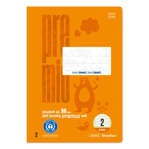 Schulheft Premio, A5, 90g/m², 32 Blatt, Lin.2, liniert STAUFEN PREMIO 040781002