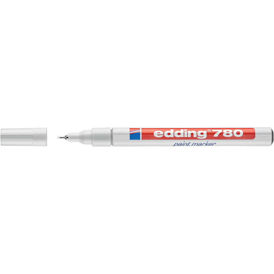 farbstift, Markerstift, Edding 780, weißer Korpus, rote Beschriftung