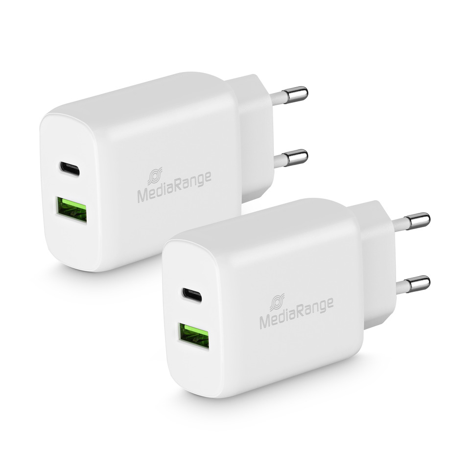 USB-C Ladegerät, USB-A Port, Wandstecker, weißer Adapter, MediaRange
