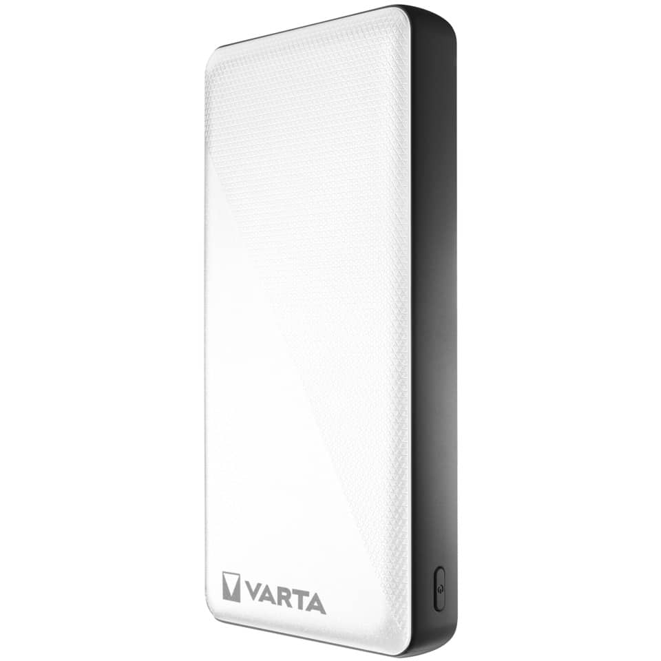 Powerbank, Tragbar, VARTA, weiße Oberfläche, USB-C/Powerknopf