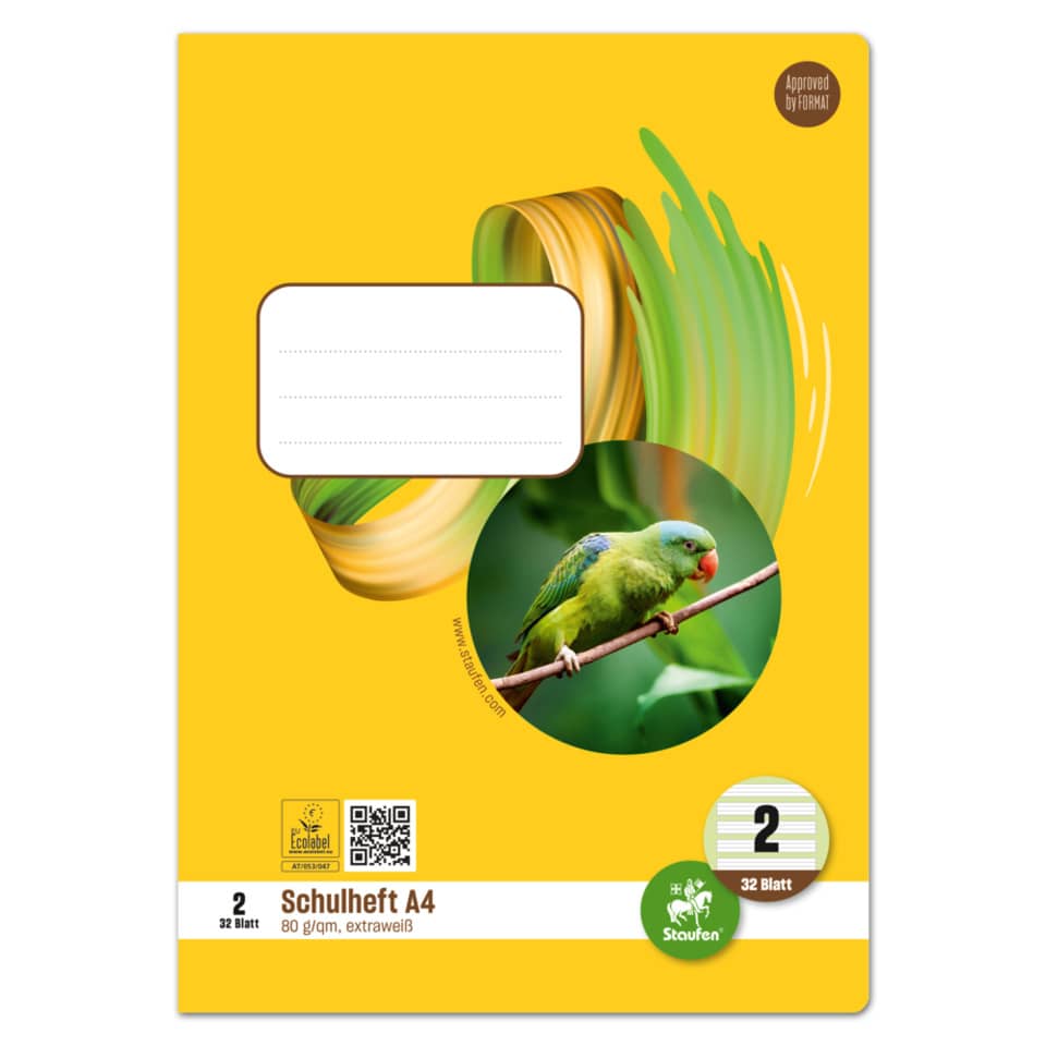 Schulheft, A4, Gelb, Vogelbild, Pappe