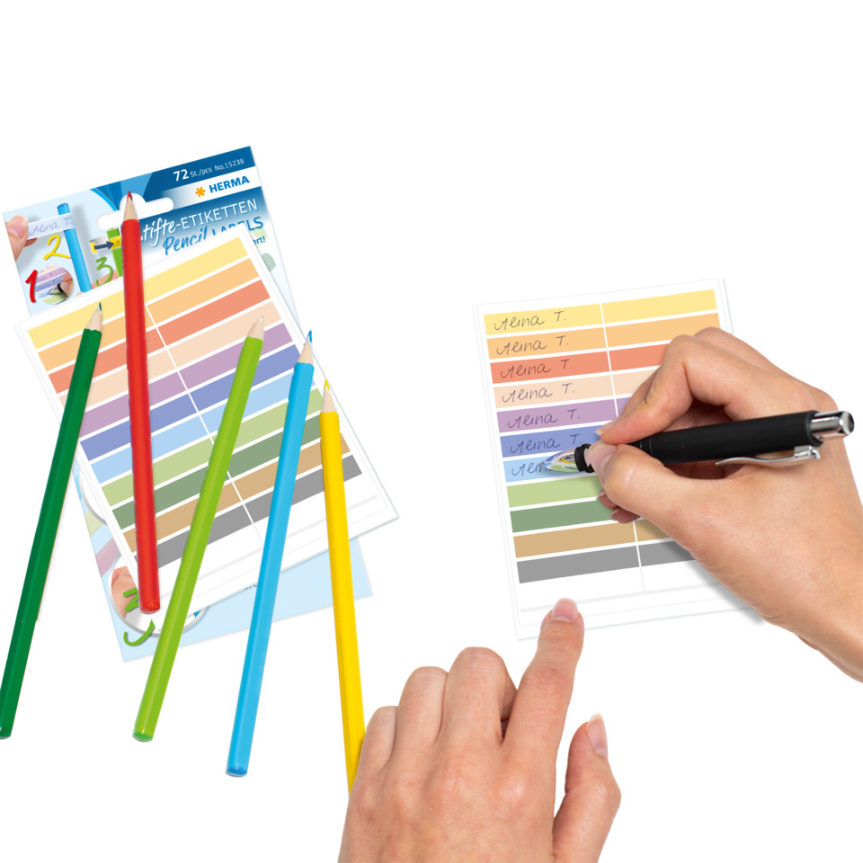 Bunte Bleistifte, Kunstbedarf, Farbenkarton, Etikettenband, Schneidewerkzeug
