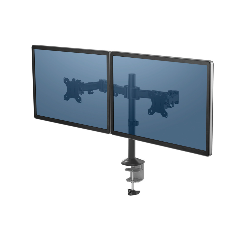 dual monitor, monitor arm, desk mount, adjustable, screenshell reflected