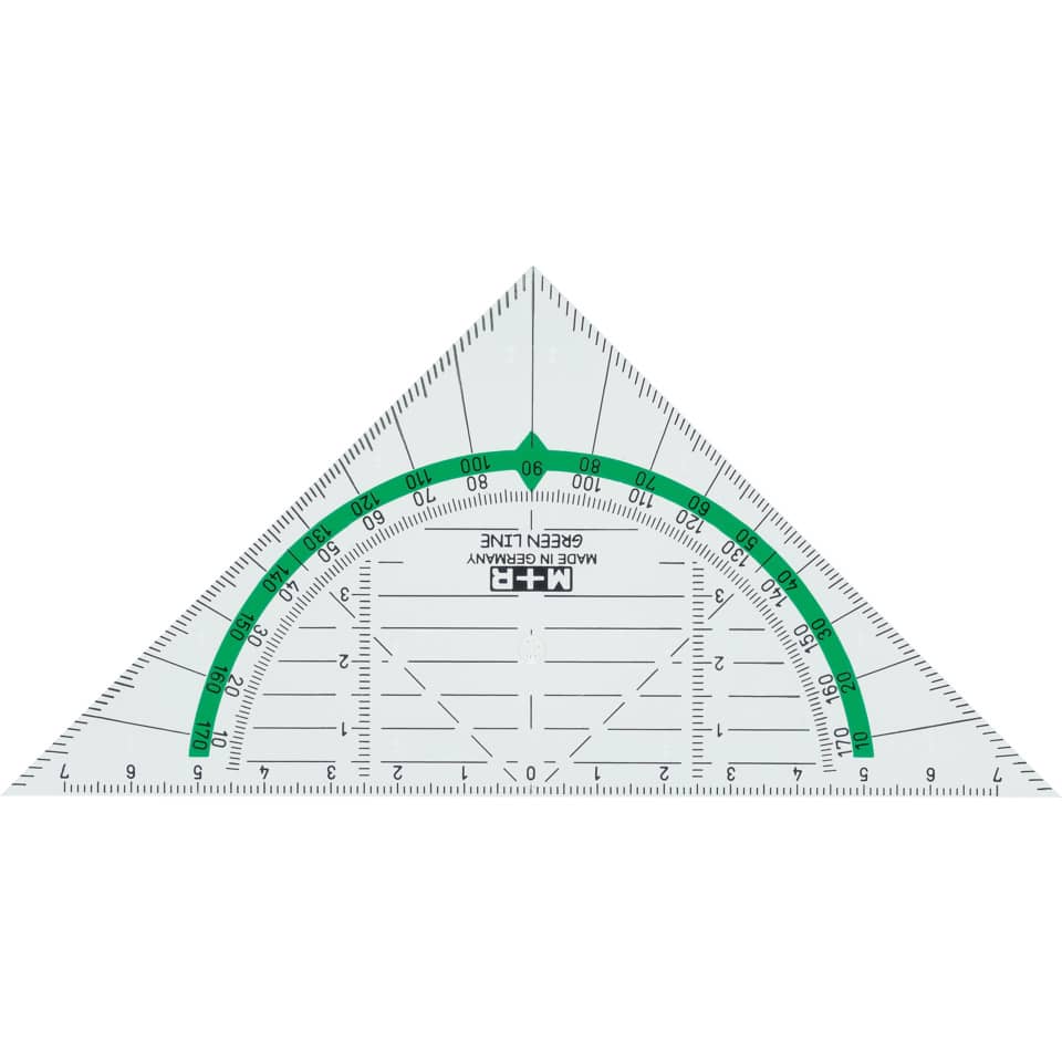 Lineal protractor, Dreiecksproportional, Geodreieck, Grün markierte Skala, Maßstab 180°