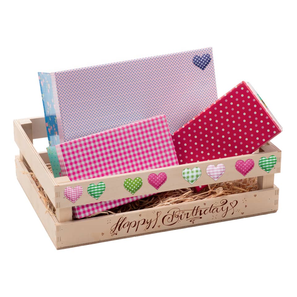 Geschenkbox, Holzkiste, Herz-Dekor, Papper-Aufbewahrung, Birthday-Set