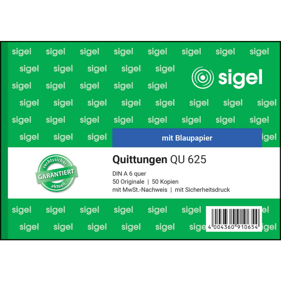 Quittungen, QU 625, mit Blaupapier, DIN A6, Barcodesiegel