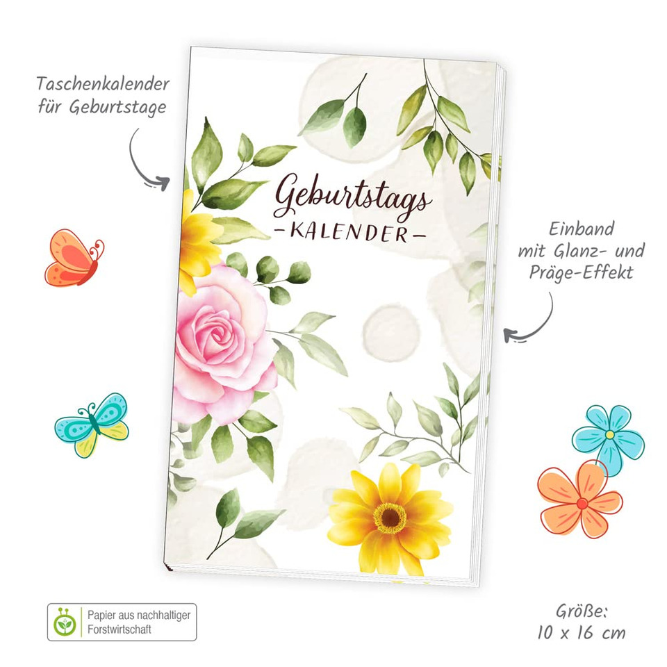 Taschenkalender, Geburtstagskalender, Kalender, Blumenmotiv, Präge-Effekt