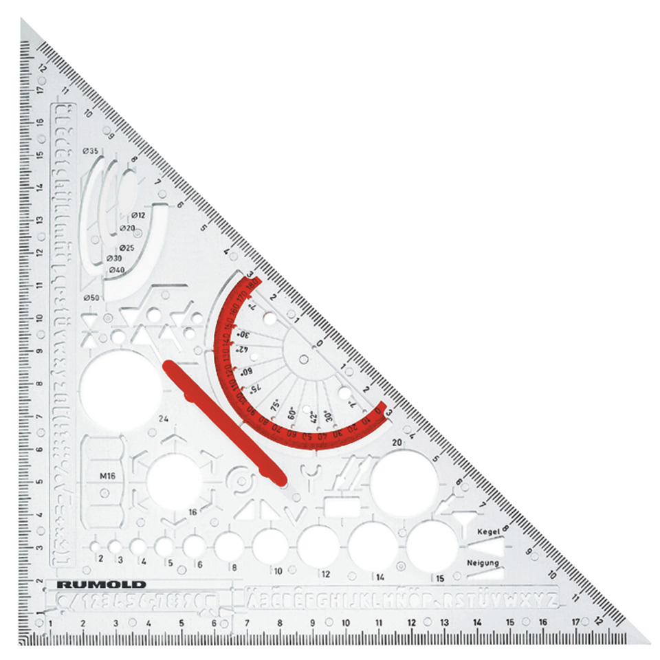 Dreieckslineal, Protraktor, Setquadrat, Messwerkzeug, roter Markierungshighlight