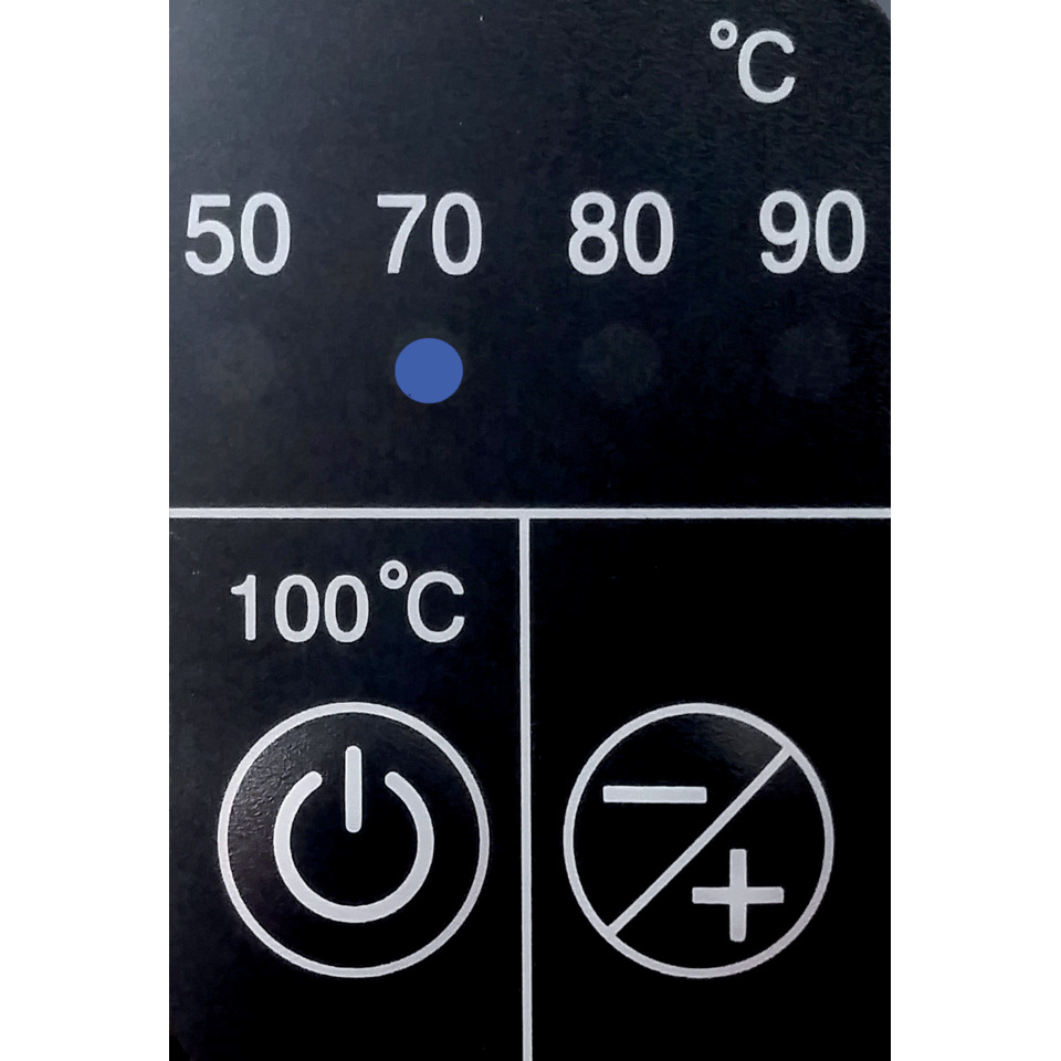 thermostat, temperature control, digital display, power button, 100°C