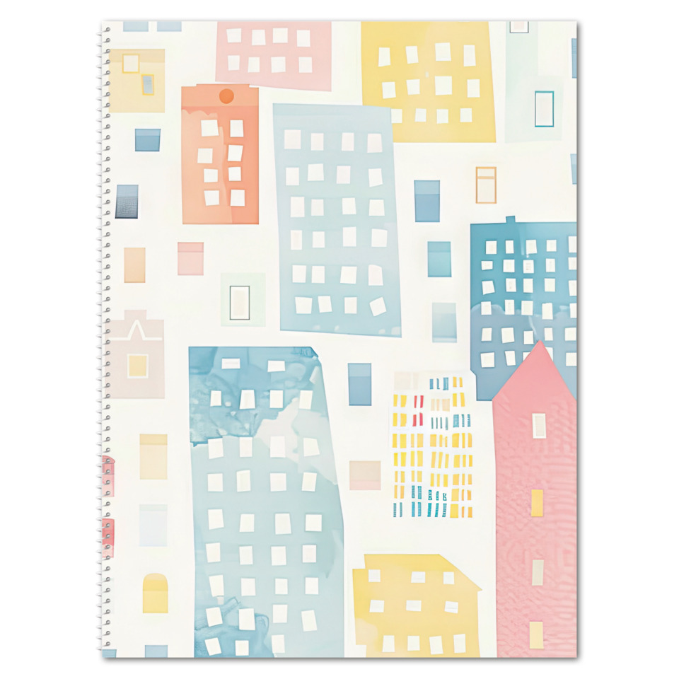 notebook, cityscape, buildings, colorful, patterned