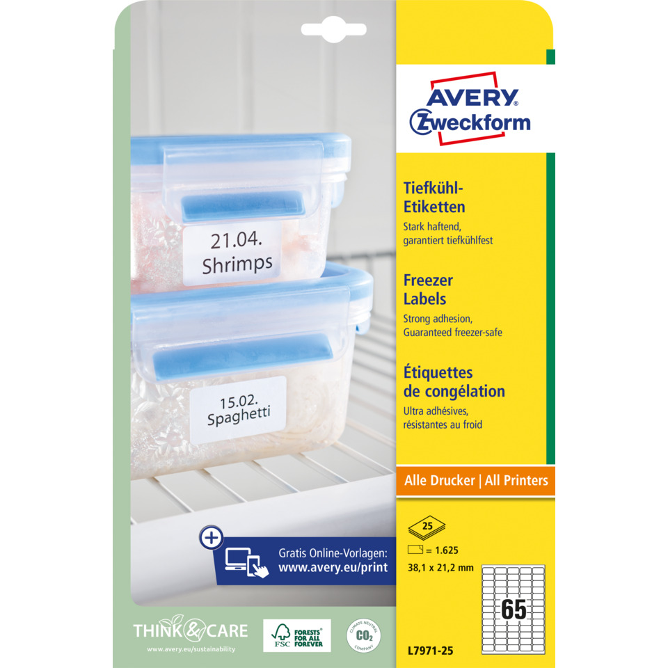 Freezer labeling, Aufbewahrungsetiketten, Avery Zweckform, Spaghetti, Shrimps, Freezer Labels, Lebensmittelaufbewahrung, Spaghetti, Shrimps, Etikettenverpackung