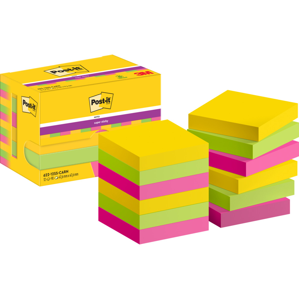 Haftnotizblock Super Sticky Notes Carnival Collection, 47,6x47,6mm, 12x90 Blatt POST-IT 622-12SS-CARN