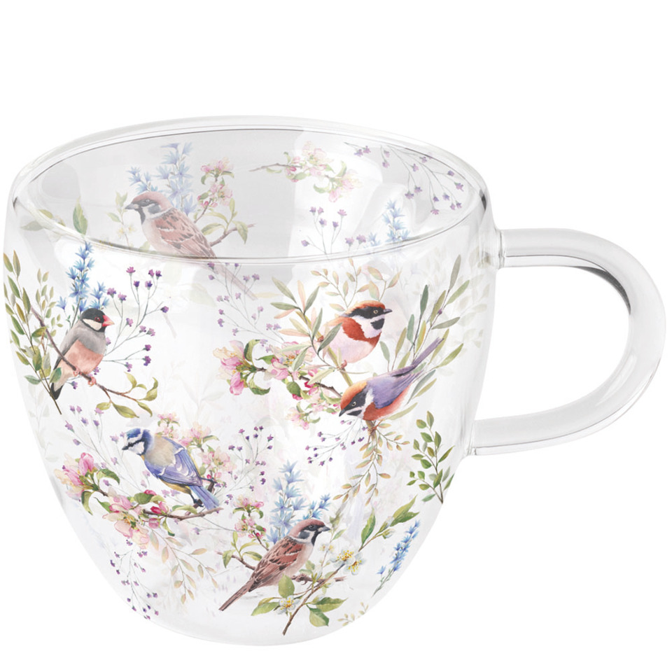 Tasse, Becher, Kaffeetasse, Vogelmotiv, Blumenmuster