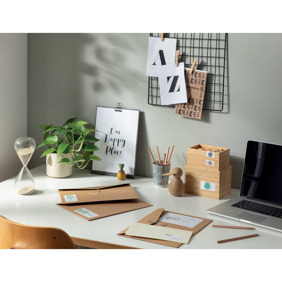 home office, desk setup, stationery, umschlag, laptop