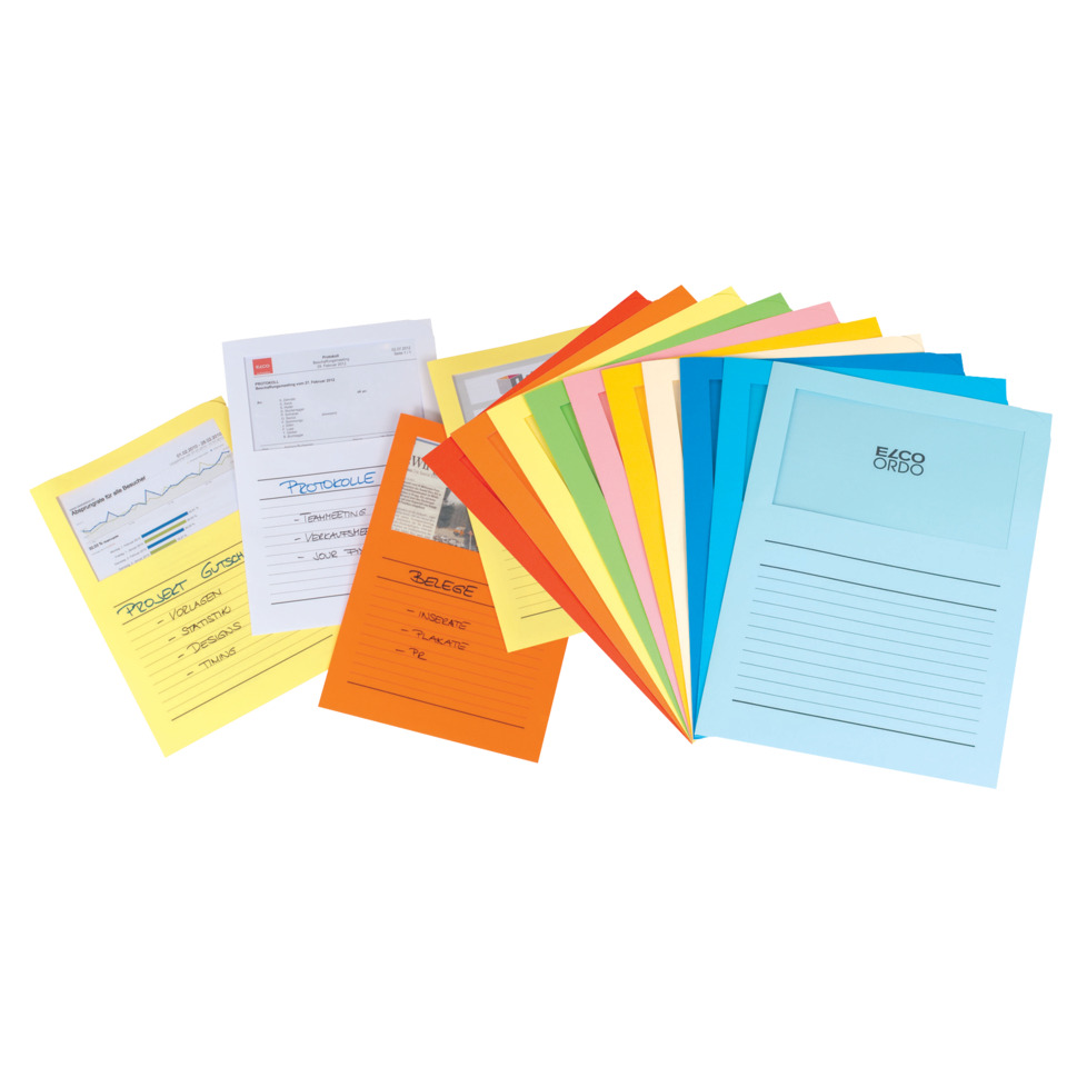 notebook, colored paper, sticky notes, presentation sheets, documents