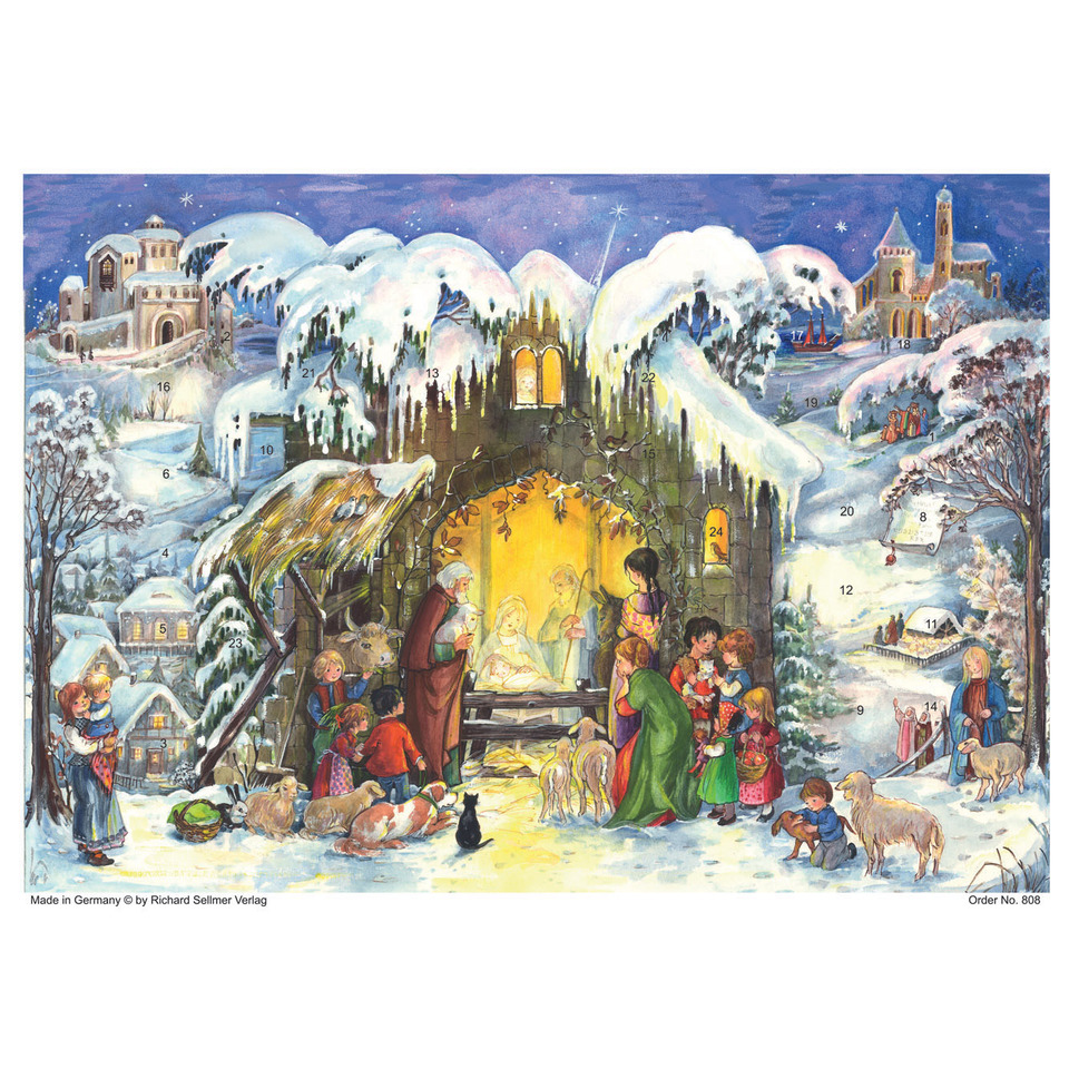 Nativity, Krippe, Adventskalender, Winterlandschaft, Menschen und Tiere