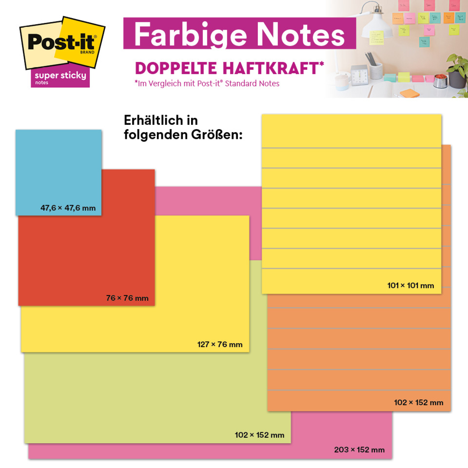 Post-it, Notizzettel, Klebepunkte, Farbfelder, Blattgrößen