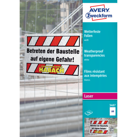 Kopierfolie wetterfest, A4, 100 Stück, weiß AVERY ZWECKFORM 3487