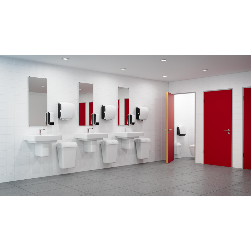 Urinal Badezimmer, Waschbecken, Waschbecken, Händetrockner, rote Türen