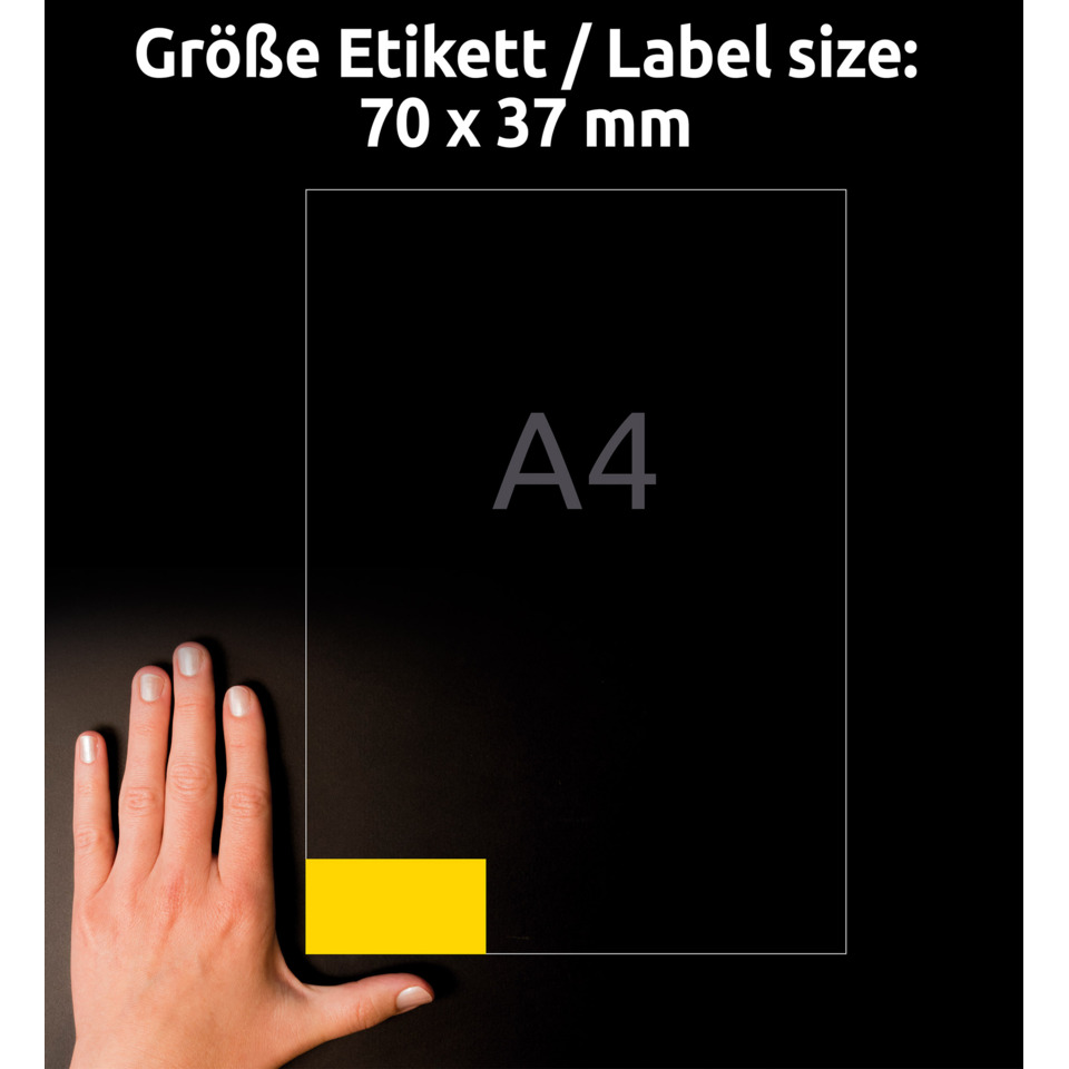 Hand, gelber Block, rechteckige Etikette, A4 Platzhalter, Etikettengröße 70x37 mm