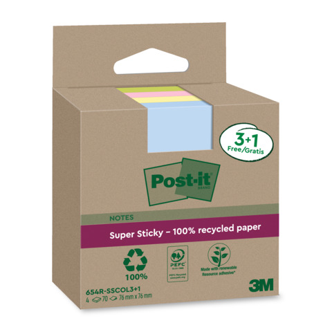 Haftnotizblock Recycled, 76x76mm, 4x70 Blatt, farbig POST-IT 654 RSSCOL3+1F