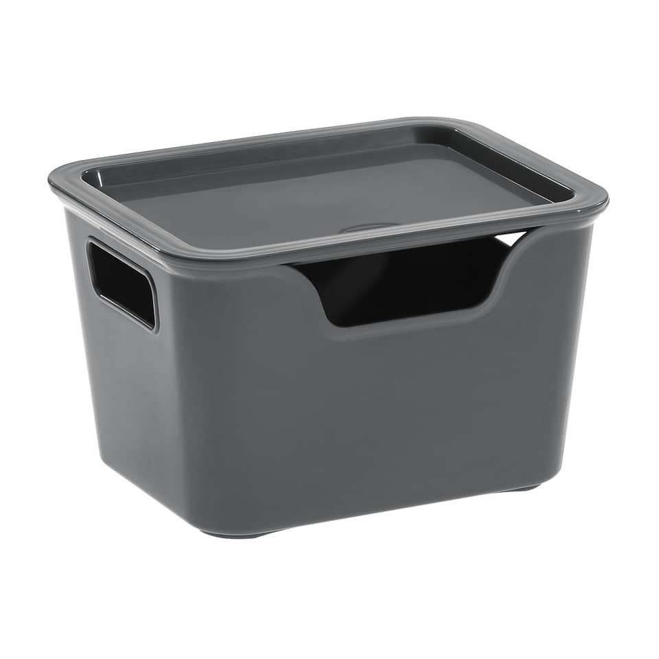 Aufbewahrungsbox, Aufbewahrungskorb, Kunststoffbehälter, grau, Deckel mit Rand