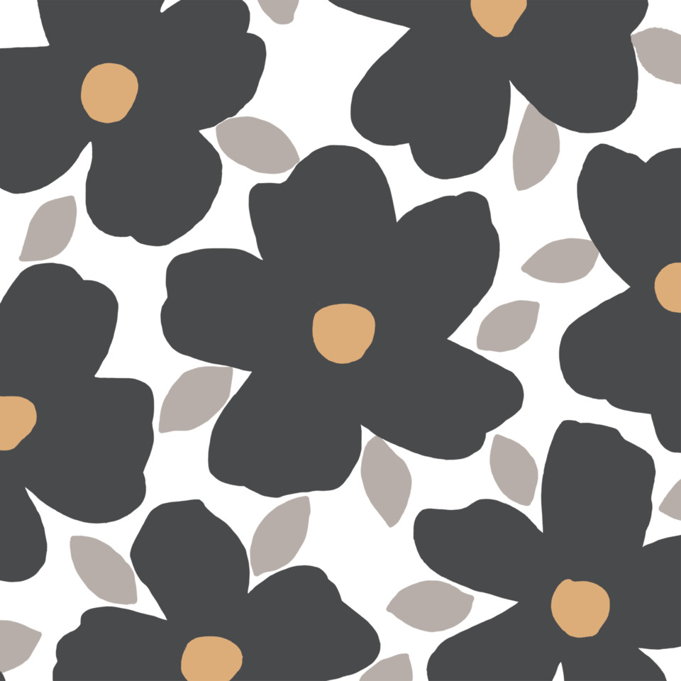 blumiges muster, dunkle blumen, orange center, beige blätter, stoffmuster