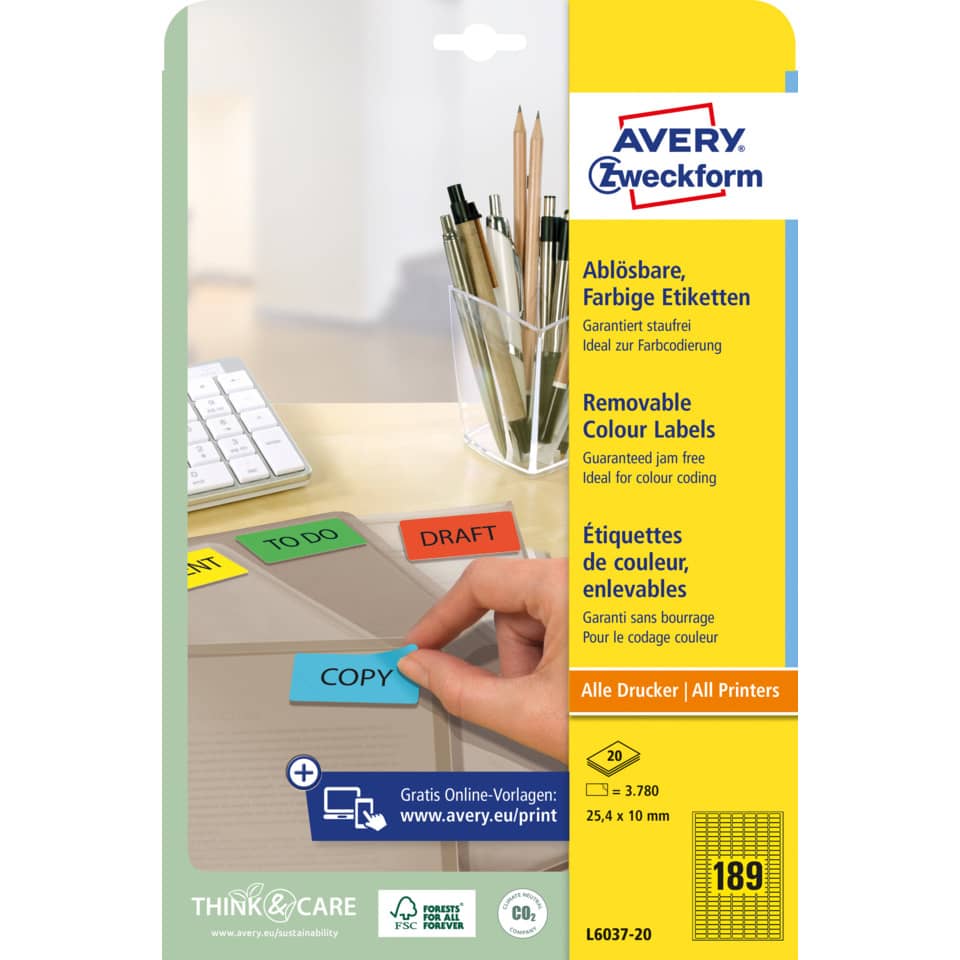 Etiketten, Farbetiketten, Arbeitsplatz, Druckerzubehör, Avery Etikettenblatt