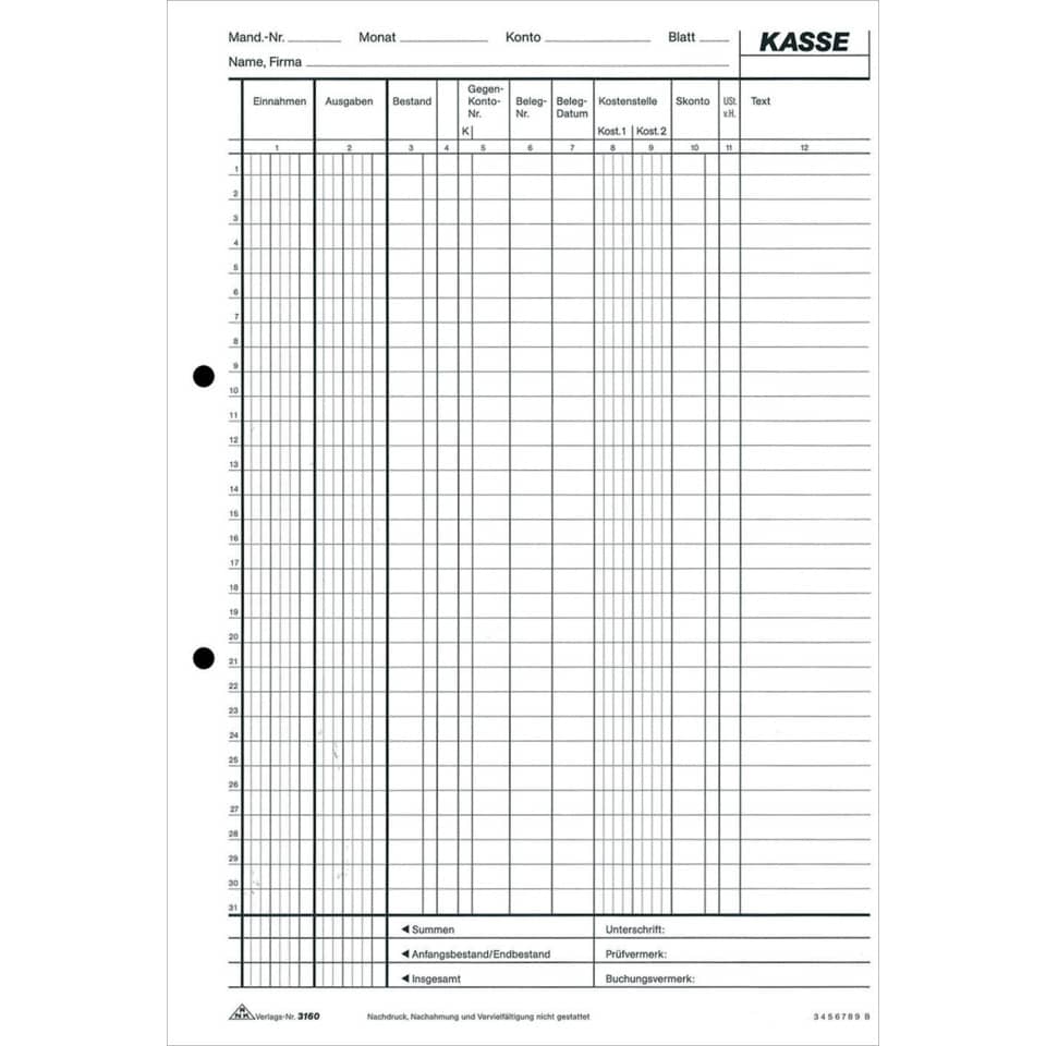 Kasse, Kassenbuch, Belegfeld, Belegdatum, Kostenstelle