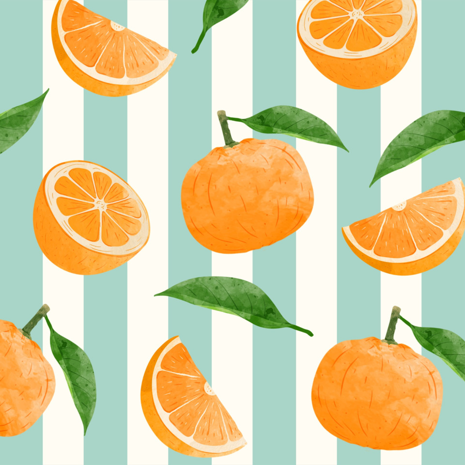 orange, orange fruit, fruit pattern, striped background, green leaves