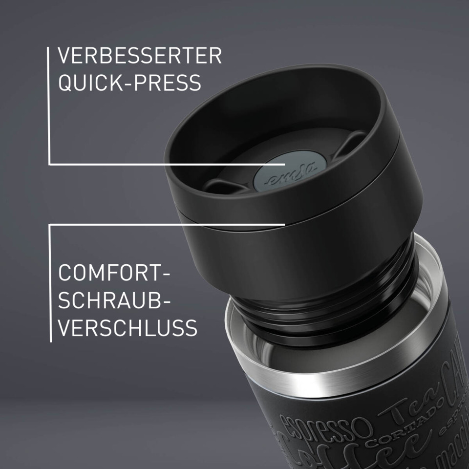 Thermos, Edelstahl, Auslaufdeckel, Schraubverschluss, Griffstruktur