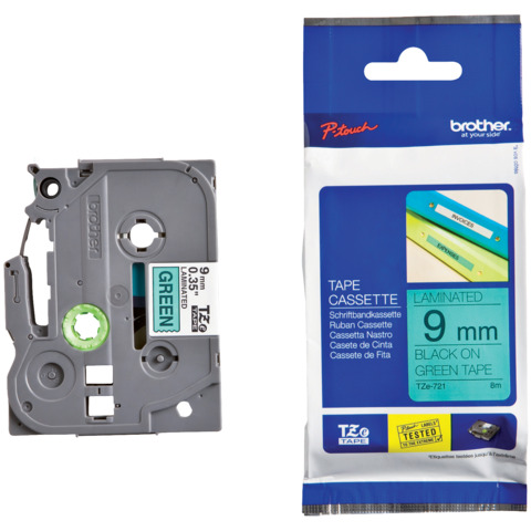 Schriftband, 9mmx8m, schwarz/grün BROTHER TZE721