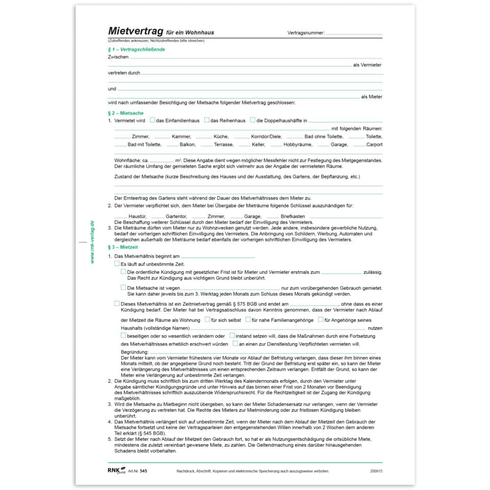 Mietvertrag, Wohnhaus, Zustandbeschreibung, Wohnfläche, Räume