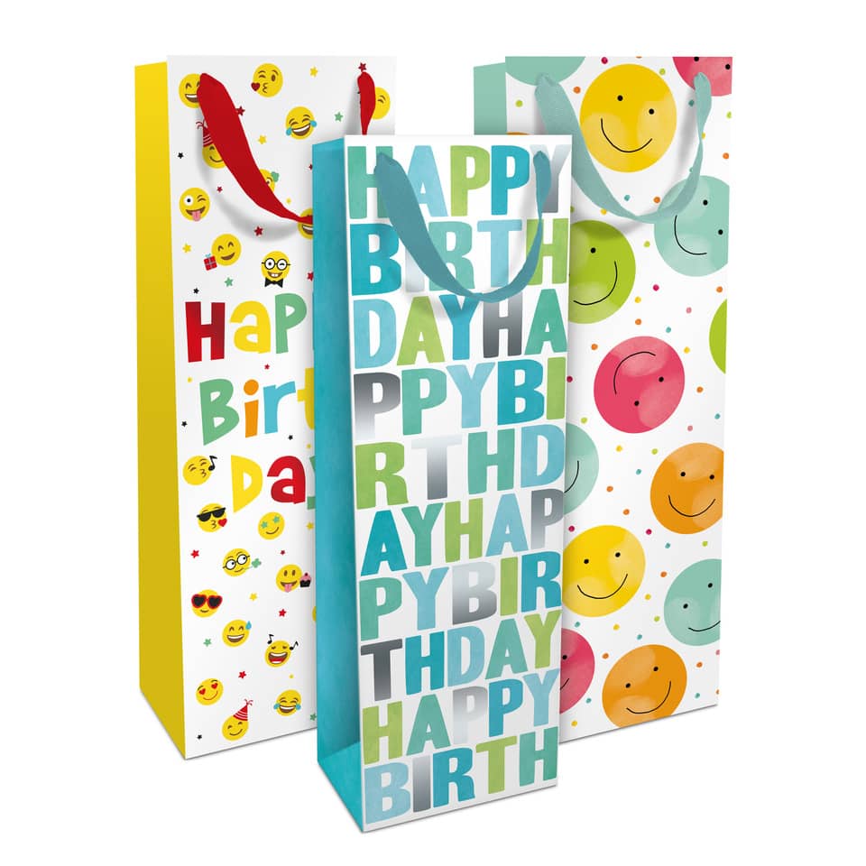 Birthday bags, Gift bags, Colorful balloons, Smiley faces, Patterned gift bag